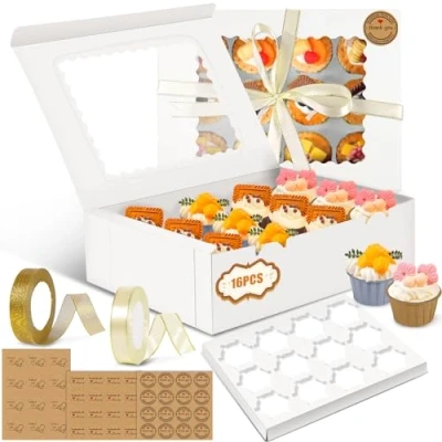 Afbeelding van POWZOO Set van 16 cupcake dozen, muffindoos, voor geschenken en zelfgemaakte taarten met transparant venster stickers, lint, decoratieve cupcakes, muffins (wit, 12 gaten)