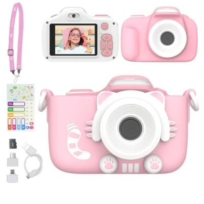 Afbeelding van myFirst camera 3 Mini voor kinderen, jongens en meisjes van 4 tot 15 jaar, met selfie lens, 12 MP HD videocamera schokbestendige hoes nekband (roze)