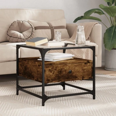 Afbeelding van Salontafel met glazen blad 50x50x45 cm gerookt eiken staal