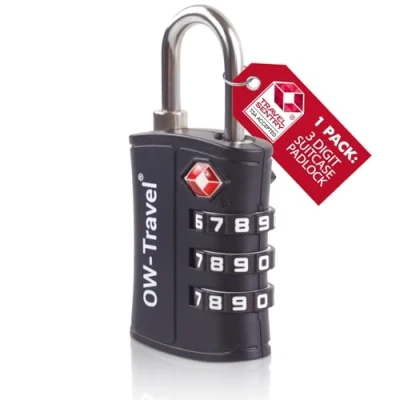 Afbeelding van OW Travel TSA hangslot voor koffer. 3 cijferig slot code ABS diefstalbeveiliging bagage kluisje opslag tent camping combinatie USA. Vliegtuig reisaccessoires: kofferslot TSA007, 30a)