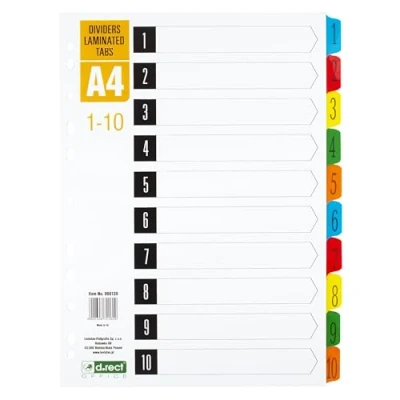 Afbeelding van D.RECT A4 gelamineerde tabbladen voor documenten, tabs, 1 tot 10, kleurgecodeerd
