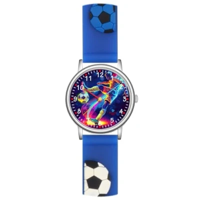 Afbeelding van Alienwork Kids Educatief Horloge Leer de Tijd Kinderen Jongen Meisje Leertijd Siliconen Lichtgewicht Zacht Waterdicht, Voetbal/zilver/marineblauw/veelkleurige rubberen band