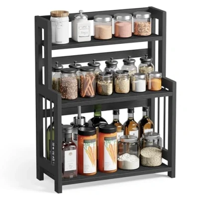 Afbeelding van SONGMICS Kruidenrek, opbergrek met 3 niveaus, bureau organizer, frame van bamboe, voor keuken, eetkamer, kantoor, houtzwart en zwart OFS047B02