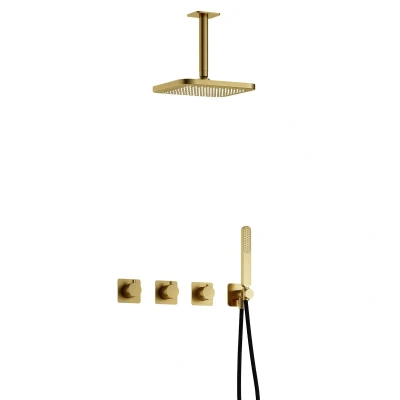 Afbeelding van Hotbath Gal Regendoucheset IBSGL70 Geborsteld Messing PVD Staaf Handdouche 22cm Hoofddouche 15cm Plafondbuis met wandhouder