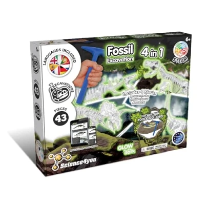 Afbeelding van Science4you 4 in 1 dinosaurusfossielengraafset, fossielenopgravingsset voor kinderen, dinosaurusfossielen, dinosaurusspeelgoed, spelletjes jongens en meisjes