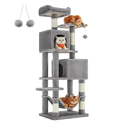 Afbeelding van Feandrea Krabpaal, 155 cm hoog, kattenboom met 5 krabzuilen, 2 platforms, kattenholletjes, hangmat, pluche ballen, pluche, meerlaags design, lichtgrijs