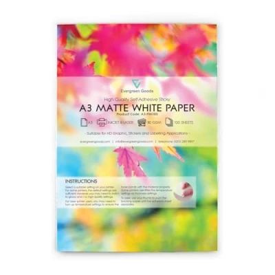 Afbeelding van Evergreen Goods 100 vellen duurzaam mat zelfklevend papier voor inkjet en laserprinters, bedrukbaar met zelfklevende achterkant, ideaal gepersonaliseerde etiketten, borden