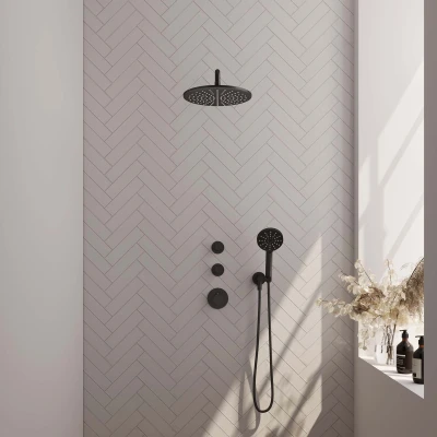 Afbeelding van Brauer Black Edition Regendouchesets inbouw hoofddouche 30cm Wandarm met inbouwdeel Gladde knoppen handdouche Rond 1 stand mat zwart