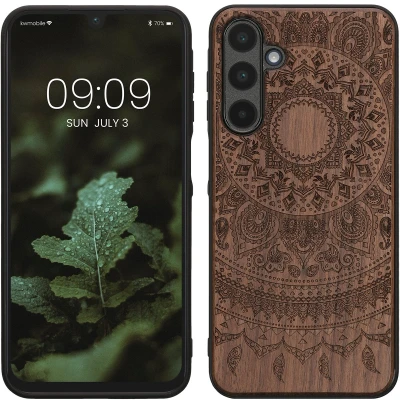 Afbeelding van kwmobile telefoonhoesje geschikt voorSamsung Galaxy A16 5G Hoesje met bumper hout In donkerbruin Indian Sun design