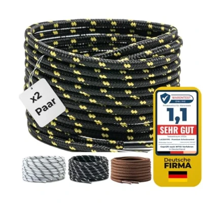 Afbeelding van LaceHype 2 paar ronde veters, diameter 4,5 mm, polyester, voor laarzen, werkschoenen, outdoor en sportschoenen, scheurbestendige zwart/geel, 80 cm,