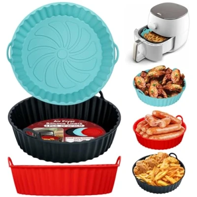 Afbeelding van Alyvisun Set van 3 herbruikbare siliconen voeringen voor airfryer, ronde multifunctionele bakplaat magnetron, oven, rood + zwart blauw