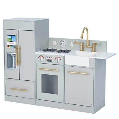 Afbeelding van Teamson Kids Groot Modern Houten Speelkeuken Kinderspeelgoed Rollenspel Speelgoed Zilver, Grijs en Goud