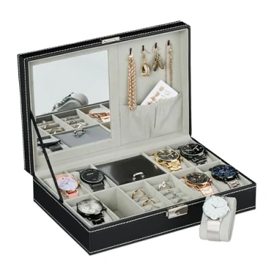 Afbeelding van Relaxdays horlogebox zwart 8 horloges sieradendoos dames fluweel horlogedoos heren