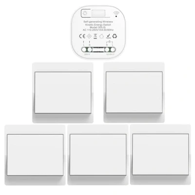 Afbeelding van Cerhot Draadloze lichtschakelaarset, zelfvoorzienend, afstandsbediening met knoppen voor wandschakelaar, led binnen en buitenverlichting thuis, zonder batterij (EU 5 x 1 snelheid +