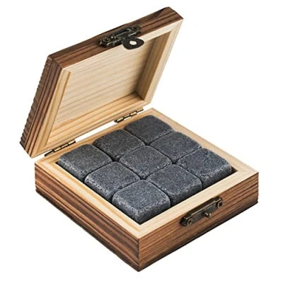 Afbeelding van 9 whiskey stenen, 2 x cm, Basic geschenkset, stijlvolle houten doos, herbruikbare natuurlijke ijsblokjes van graniet, smaakneutrale koelstenen, grijs