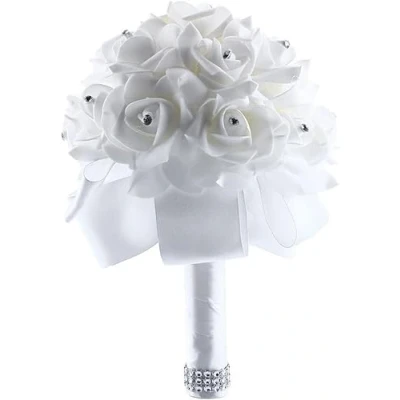 Afbeelding van PIQIUQIU bruidsboeket, bruiloftsboeket, kunstroos, bloemen, kunstbloem met strass steentjes, voor bruiloft, fotoshoot, 18 x 20 cm, ivoorkleurig