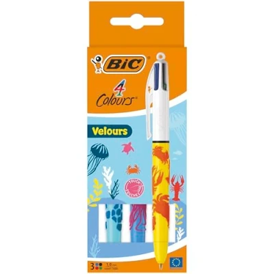 Afbeelding van BIC 4 Kleuren Velours Balpennen Medium Punt (1.0 mm) Verschillende Ontwerpen Pak van 3 Stuks Velvet look