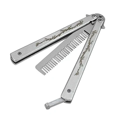 Afbeelding van XBC Tech Balisong trainingsvlindermes, 100% roestvrij staal, ongeslepen lemmet, praktisch, opvouwbaar, vlinder, trainer, mes, kam (zilver)