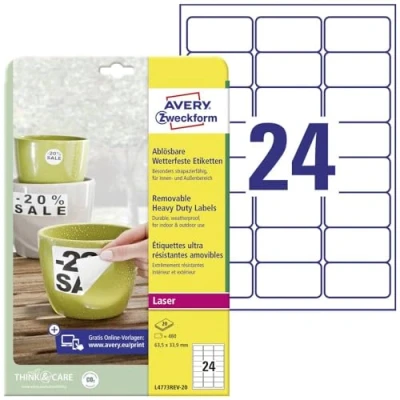 Afbeelding van Avery afneembare weerbestendige etiketten Ft 63,5 x 33,9 mm (b h), wit, doos van 480 etiket