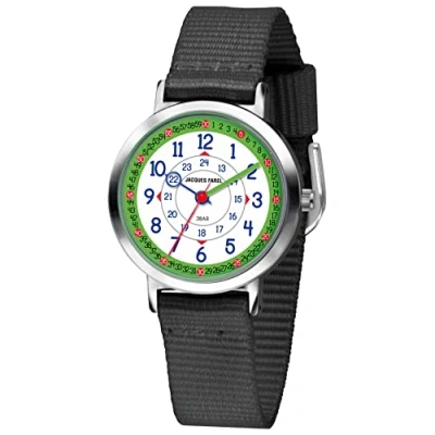 Afbeelding van Jacques FAREL Happy Learning Leerhorloge voor jongens, analoog, kwarts, metaal, textielband KOP 08, zwart, riemen, bandjes, zwart., Riemen
