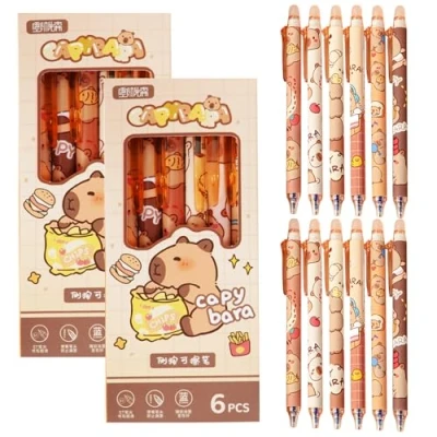 Afbeelding van SI SEN Lot de 12 stylos gel effaçables Mine bleue effaçable Stylo Capybara dessin animé à bille Pour l&#039;école et le bureau
