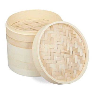 Afbeelding van Relaxdays bamboe stoommandje 3 lagen grote groentestomer 24 cm voor rijst dim sum