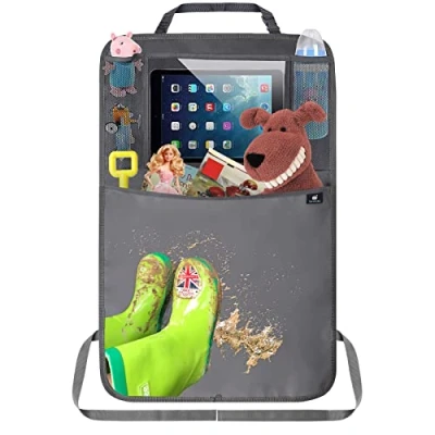 Afbeelding van Rugleuningbescherming voor de auto, kinderen, auto organizer, organizer achterbank waterdichte lijn, kick mat bescherming met groot dakvak (1 stuk, grijs)