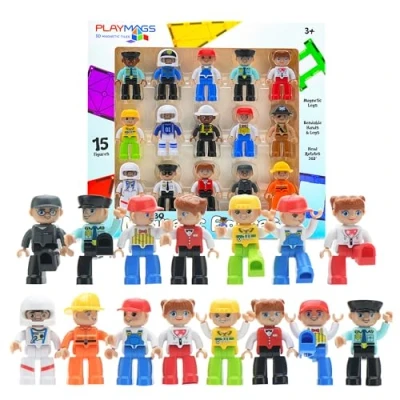 Afbeelding van Playmags 15 stuks grote magnetische community figuren, 7,6 cm, perfect voor magnetisch speelgoed, STEM educatief speelgoed kinderen, accessoireset tegels