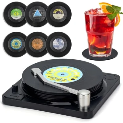 Afbeelding van Litensh Retro onderzetters in vinylschijfvorm, 6 stuks, antislip rubberen voor thee en koffie, tafelbescherming, voorkomt wegglijden van de standaard (M2 + houder)