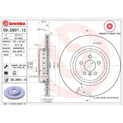 Afbeelding van BREMBO 09.D901.13 remschijf 370 24 5 interne ventilatie, tweedelige Gecoat High carbon Met schroeven BMW: 7, Saloon, X5