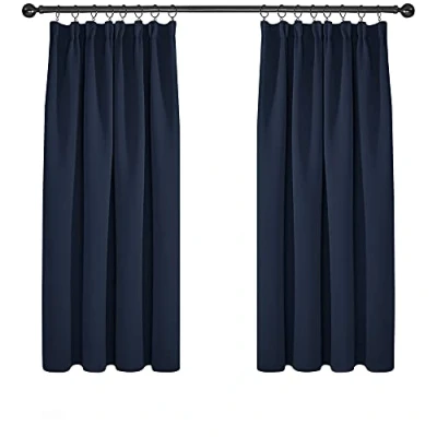 Afbeelding van Deconovo Set van 2 gordijnen voor ramen, decoratief, kantoor, woonkamer, rimpelband, gordijn, slaapkamer, ondoorzichtig, isolerend, koudebescherming, marineblauw, 117 x 138 cm
