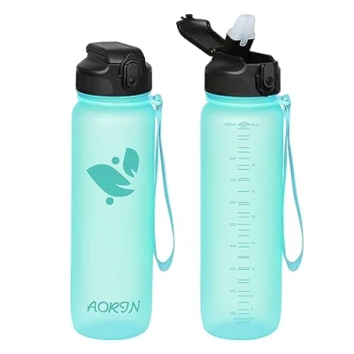 Afbeelding van AORIN Drinkfles met rietje, 1 liter, BPA vrij, Tritan, lekvrij, geschikt voor sport, fitness, hardlopen, yoga, fietsen, outdoor