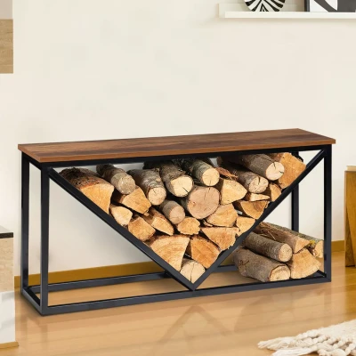 Afbeelding van Range bûches horizontal HAWKINS acier noir plateau bois vieilli pour cheminée
