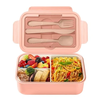 Image de Diboniur Lunch Box, Bento Box Enfant Adulte 1400ml avec 3 Compartiments, Anti Fuite Boite Repas Couverts, Convient pour Micro onde Lave vaisselle, École Pique Nique Travail (Rose)
