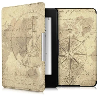 Afbeelding van kwmobile E reader hoesje geschikt voor Amazon Kindle Paperwhite hoes flip case met magnetische sluiting Ereader cover Vintage Travel design in bruin / lichtbruin