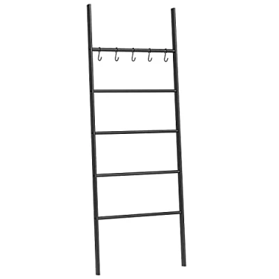 Afbeelding van HOOBRO Handdoekladder, ladderrek, handdoekstandaard met 5 afneembare haken, stabiel, ruimtebesparend, voor de ingang van foyer, badkamer, werkkamer, slaapkamer, eenvoudige montage, zwart EBK62CJ01