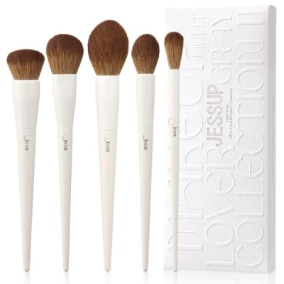 Afbeelding van Jessup T493 5 stuks gezichtsmake upkwasten, foundation, blush, bronzer, contour, markeerstift, pluizige poederkwast, lichtgrijs
