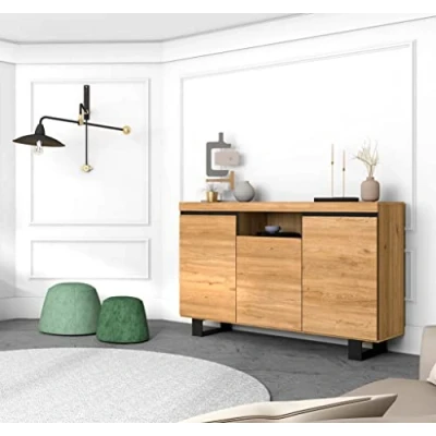 Afbeelding van Skraut Home Dressoir voor woonkamer, eetkamer, kantoor, kleur &quot;eiken/zwart&quot;, 3 deuren, 1 vak, 140 x 40 92 cm, Scandinavisch