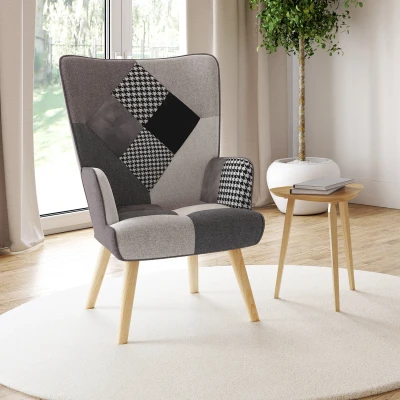 Afbeelding van Fauteuil scandinave IVAR en tissu patchwork noir, gris et blanc