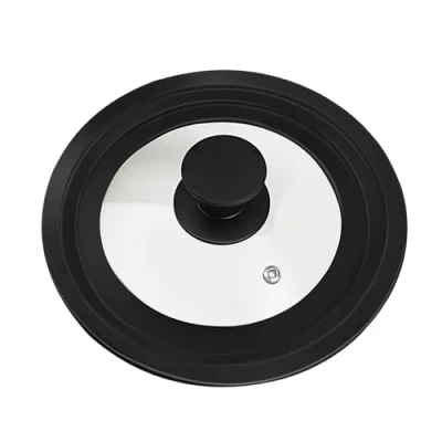 Afbeelding van Glazen deksel 28 cm zwart universeel hittebestendig pannendeksel met siliconen rand en stoomgat geschikt voor pannen van 24 cm, 26