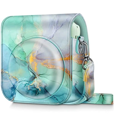 Afbeelding van FINTIE beschermhoes compatibel met Fujifilm Instax Mini 12 Instant Camera Kunstleer Tas Reizen Cover Case Afneembare Schouderriem,, Z Marmer Smaragd, Harde