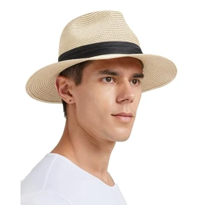 Afbeelding van Zylioo Panama Stro Hoeden Kleine Maat Zomer Fedora Hoed Strand Zonnehoed Rand UV Vakantie Hoed, Beige Fedora, XL