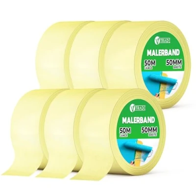 Afbeelding van V1 TRADE 6 stuks afplakband, 50 mm x m, universeel plakband, nuttig voor schilderen, gemakkelijk te verwijderen, waterdichte geel