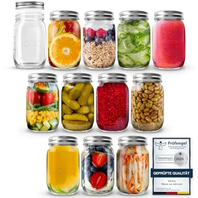 Afbeelding van volila Mason Jar met deksel, 490 ml (verpakking van 12 stuks), glazen pot deksel voor luchtdichte afdichting, overnight oats jaren, voorraadpotten en potten