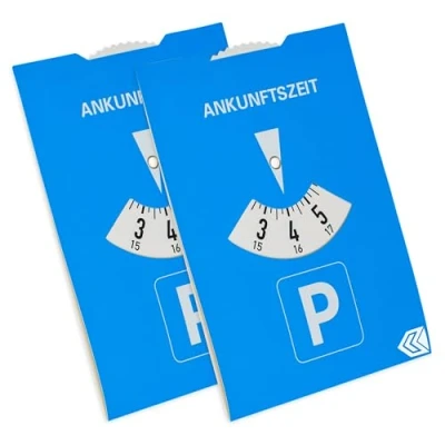 Afbeelding van Parkeerschijf, 2 stuks, blauw, papier, aan beide zijden verstelbaar, parkeermeter met ANKUNFTSZEIT, voor auto, vrachtwagen, camper, parkeerplaats Disc Blue, parkeerschijven