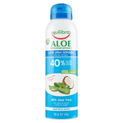 Afbeelding van Equilibra Solari, aloë aftersun melkspray, melkspray op basis van vera, kokosolie, arganolie en vitamine E, bisabolol, rustgevende werking, verfrissend, hydraterend voedend, 150 ml