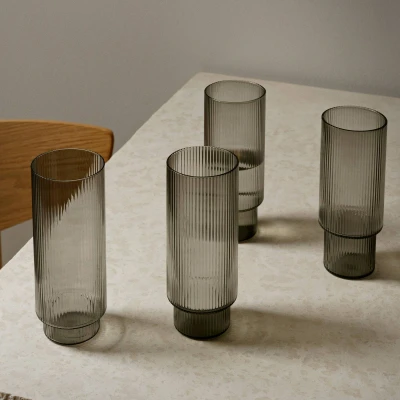 Afbeelding van Ferm LIVING Ripple Longdrinkglazen Set Van 4 Lichtgrijs