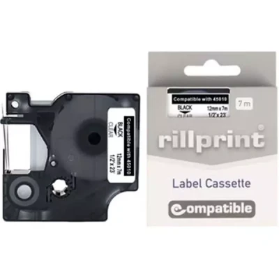 Afbeelding van Rillprint compatible D1 tape voor Dymo 45010, 12 mm, zwart op transparant beletteringsysteem