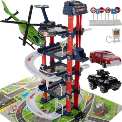 Afbeelding van Parkeergarage 4 Verdiepingen met Auto Lift Speelmat Helicopter Platform Verkeersborden