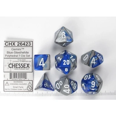 Afbeelding van Chessex Gemini Blauw Staal/wit Polydice Dobbelsteen Set (7 stuks)